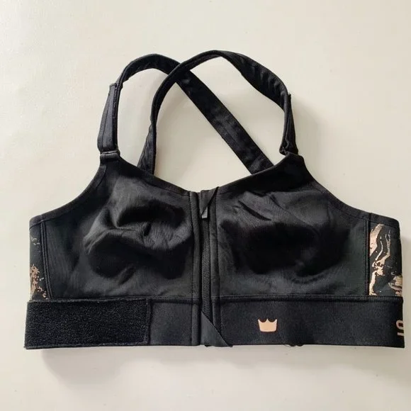 SheFit Luxe Adjustable High Intensity Sports Bra Front Zip Black Gold  Medium M